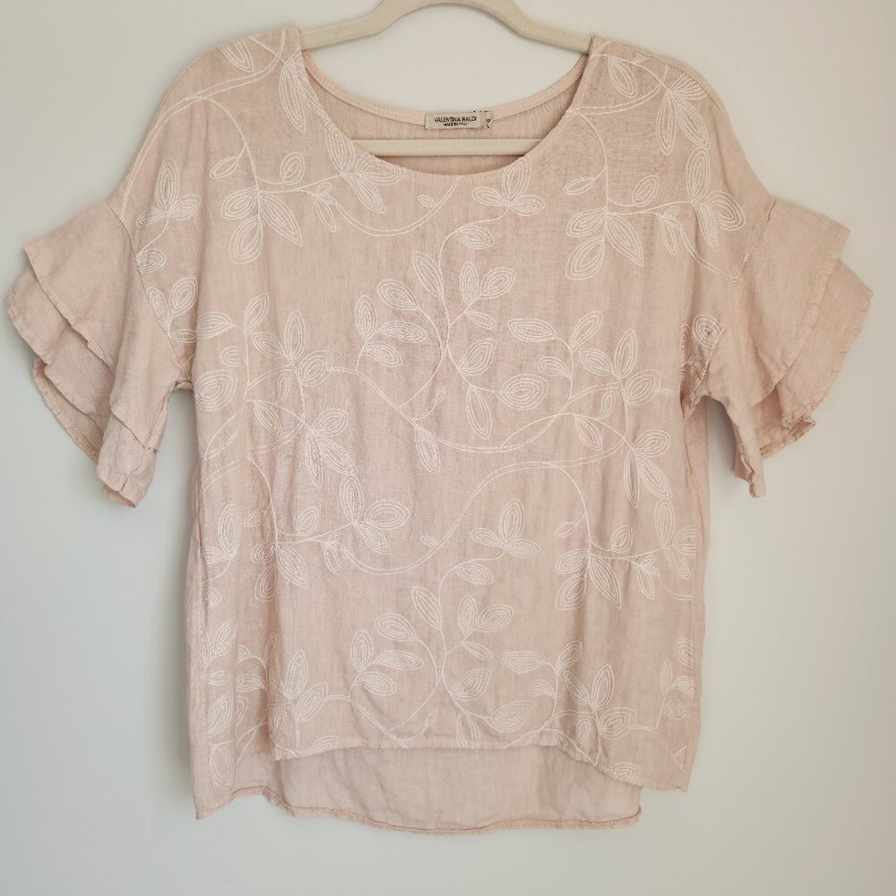 Valentina Naldi Size S Linen Pale Blush Embroidered Blouse Flutter Bell Sleeve